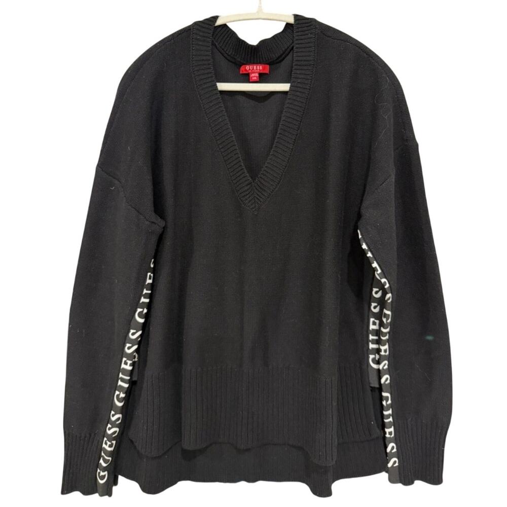 GUESS Black V-Neck Logo Sleeve Womens Sweater XXL NWOT